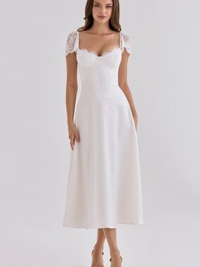 House of CB Selena White Satin + Lace Midi Dress